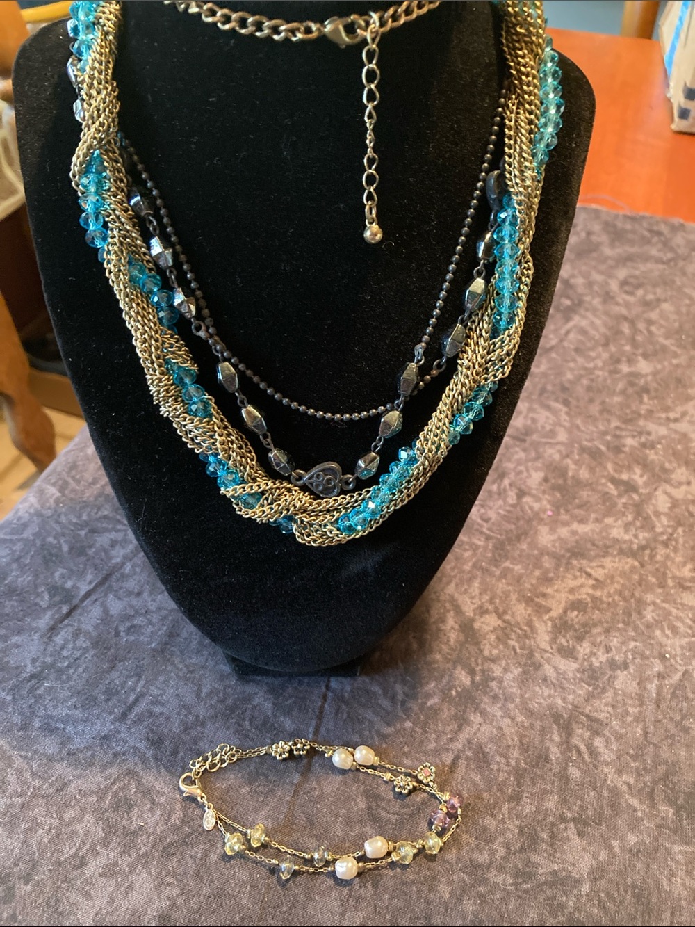 Layered Gold-Tone Necklaces with Aqua and BlackBeads & Bracelet